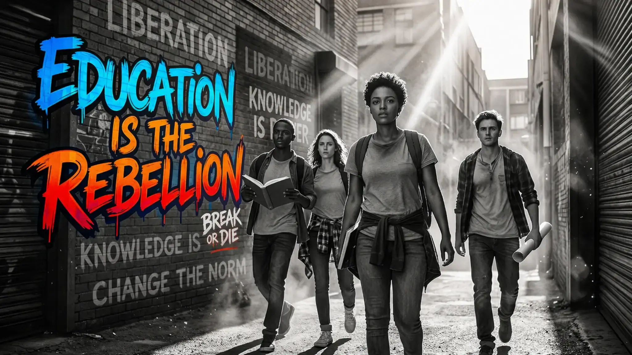 Students walking through an urban alleyway with "Education is the Rebellion" graffiti, representing the BreakOrDie scholarship movement.