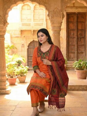 BreakOrDie – Hand & Heart™ Three-Piece Women’s Ethnic Set – Hand-Embroidered Elegance – Burnt Orange & Maroon