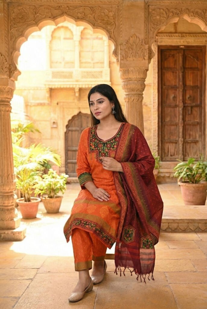 Three-Piece Women’s Ethnic Set – Hand-Embroidered Elegance – Burnt Orange & Maroon