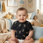 Baby boy wearing a black paisley print tee from BreakOrDie, perfect for stylish infants aged 3-6 mon.