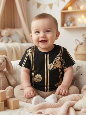 BreakOrDie - Black & Gold Rose Print Baby Tee – Soft Cotton Comfort | Unisex design for boys & girls | 0–3M