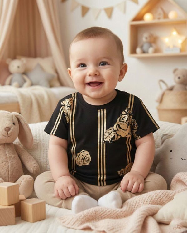 Cute baby wearing black and gold rose print unisex T-shirt for 0-3 months. Soft cotton comfort, perf.