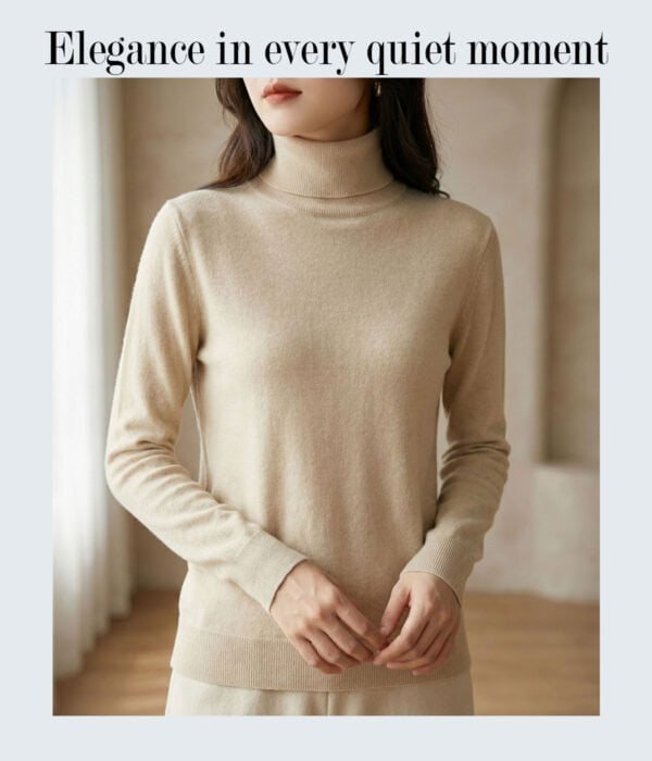 Elegant ivory high-neck winter sweater for women, perfect for cozy winter days. Stylish and comforta.