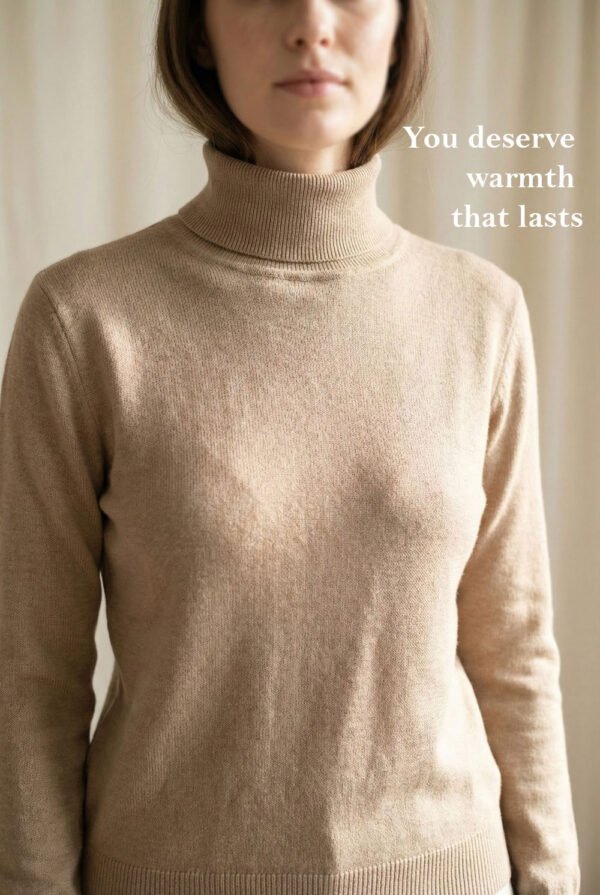 High-Neck Winter Sweater for Women in Sand Beige.