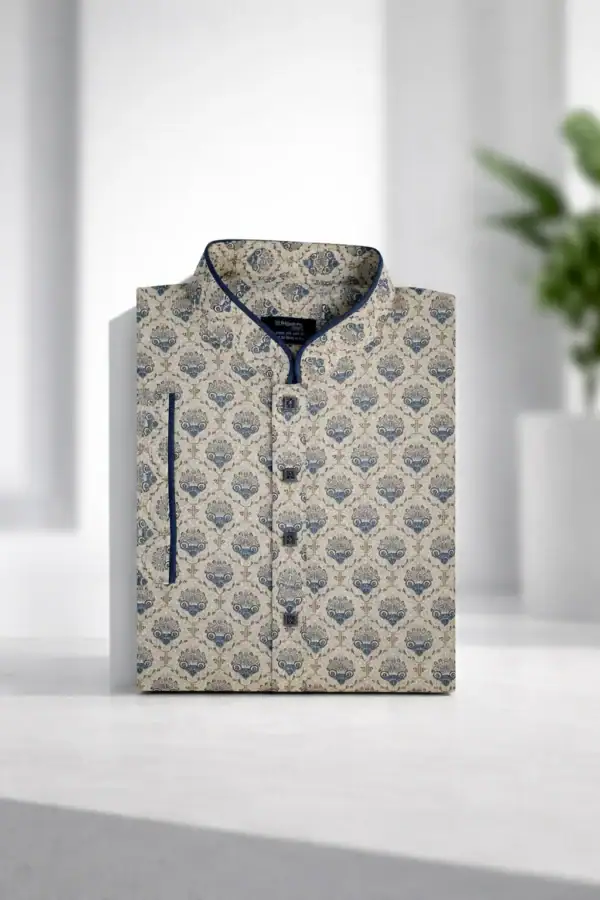 Men’s Panjabi with beige and blue heritage motif, neatly folded with a stand-up collar.