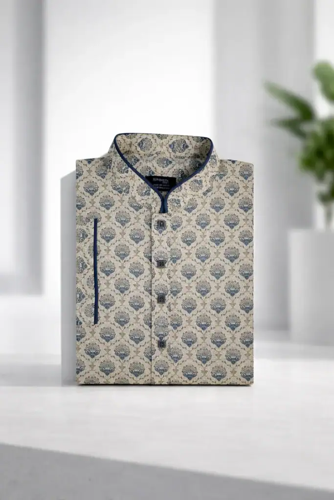 Men’s Panjabi with beige and blue heritage motif, neatly folded with a stand-up collar.