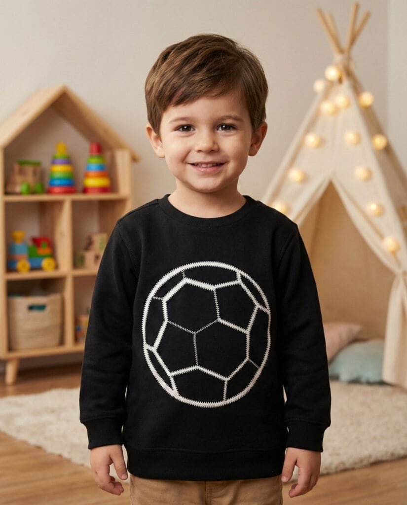 Child wearing black football-themed sweatshirt in cozy indoor setting.