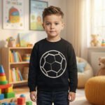 Child wearing a black football sweatshirt with white soccer ball design, cozy indoor setting.