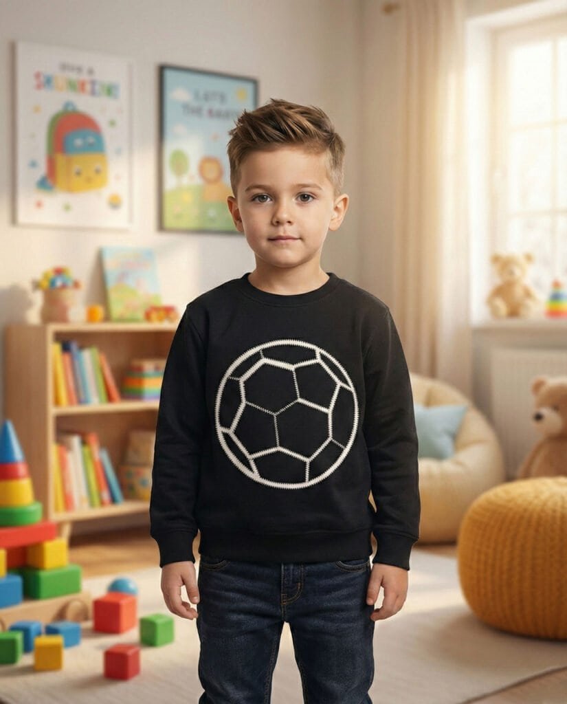 Child wearing a black football sweatshirt with white soccer ball design, cozy indoor setting.