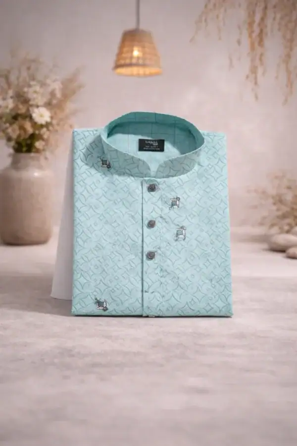 Elegant men's mint green heritage Panjabi with intricate patterns and subtle embroidery. Perfect for.