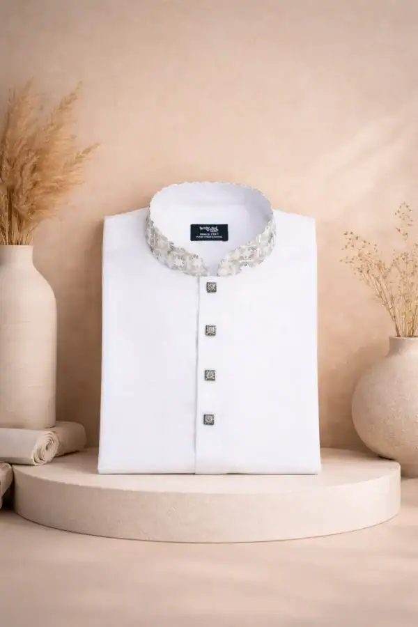 Men's ivory Panjabi with intricate heritage collar design, perfect for traditional occasions.