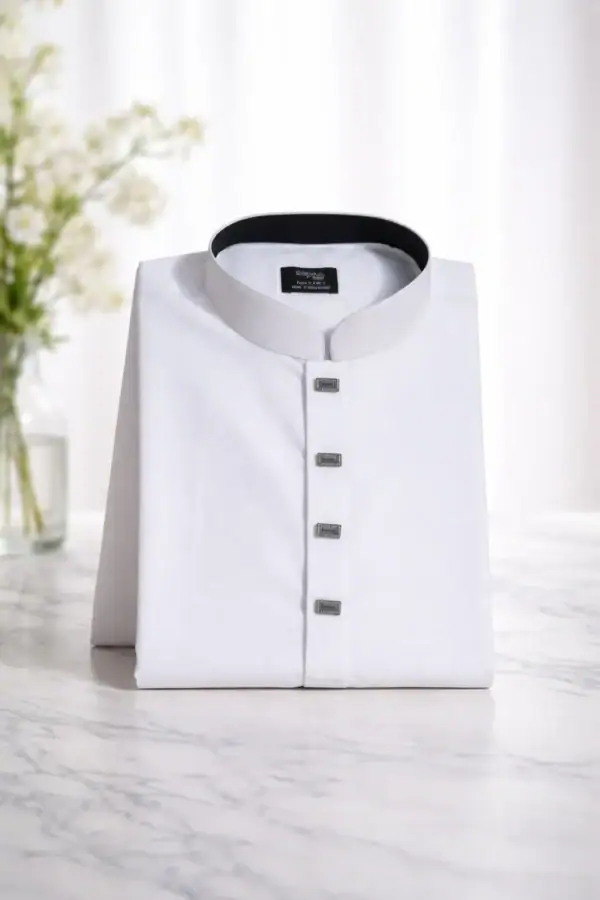 Elegant white men's Panjabi with black collar, perfect for formal occasions.