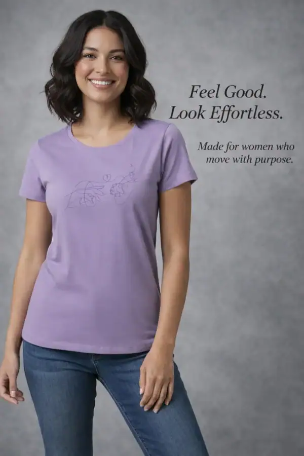 Woman wearing a lavender casual cotton T-shirt, smiling confidently.