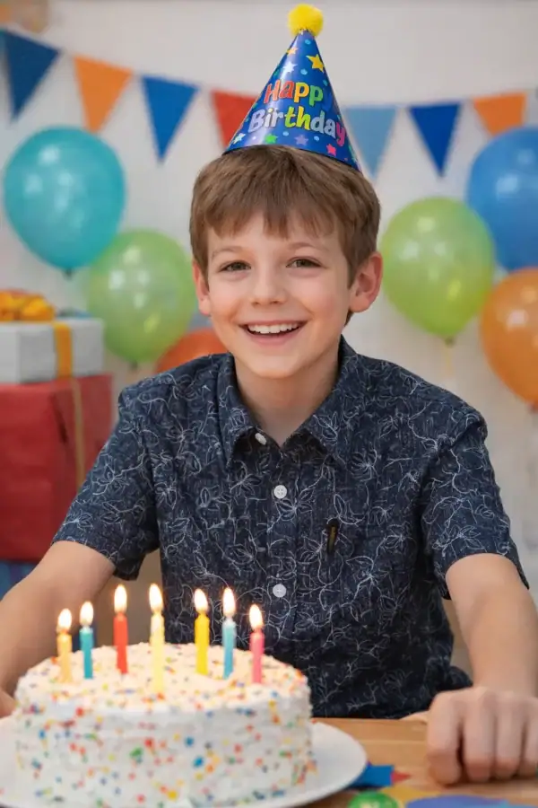 Child wearing navy leaf patterned shirt for boys aged 9-11, smiling at birthday celebration.