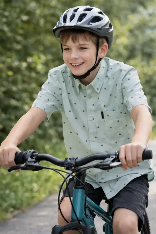 Boy riding a bicycle wearing a mint green Heritage shirt with short sleeves.
