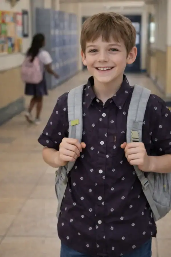 Boy smiling in school hallway wearing Midnight Bloom short sleeve shirt.