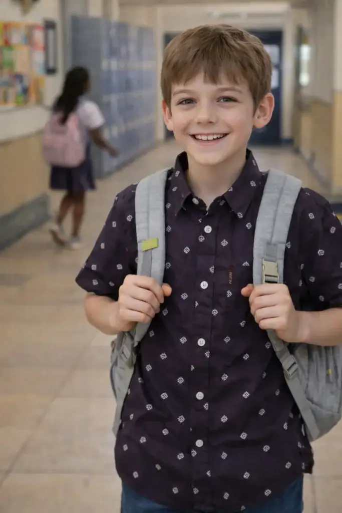 Boy smiling in school hallway wearing Midnight Bloom short sleeve shirt.