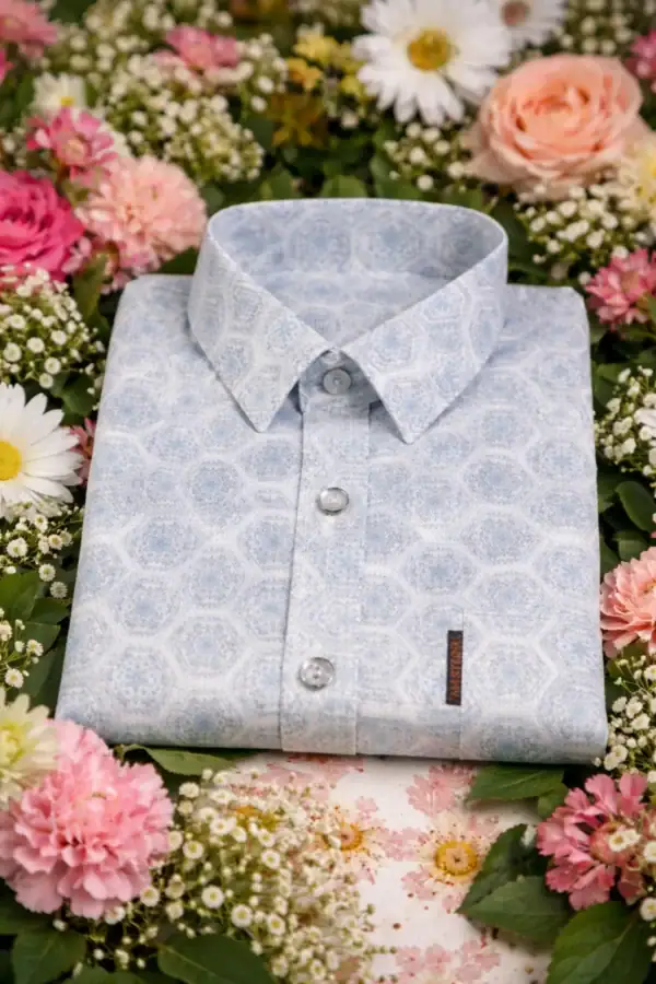Soft Sky Boys’ Heritage Short Sleeve Shirt with subtle hexagon pattern, perfect for stylish casual w.
