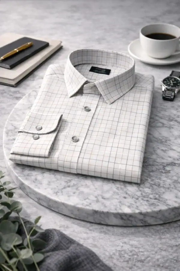 Men’s ivory checkered long sleeve shirt for heritage style. Perfect for casual or formal wear, craft.