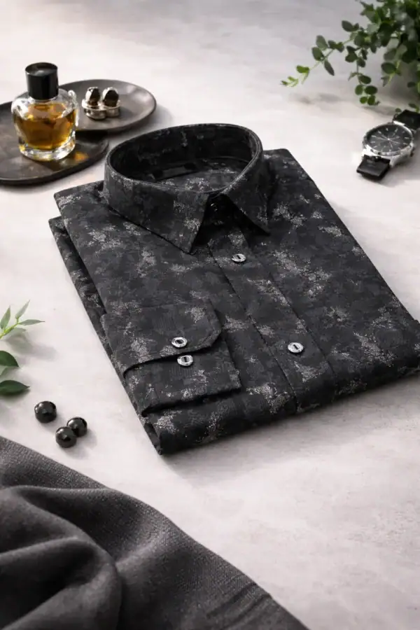 Elegant black and gray patterned long-sleeve shirt with a classic collar, perfect for stylish occasi.