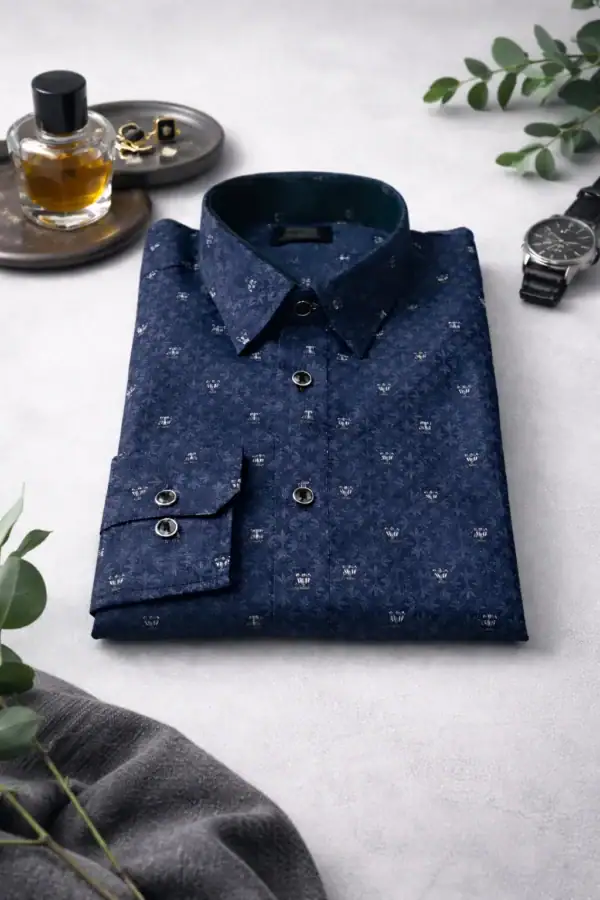 Navy long sleeve shirt with subtle heritage pattern, perfect for stylish men's casual or formal wear.