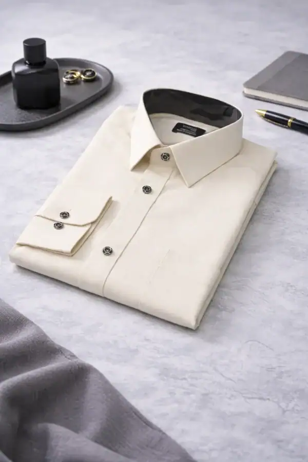 Classic white men's long sleeve shirt with black collar detail, perfect for formal wear.
