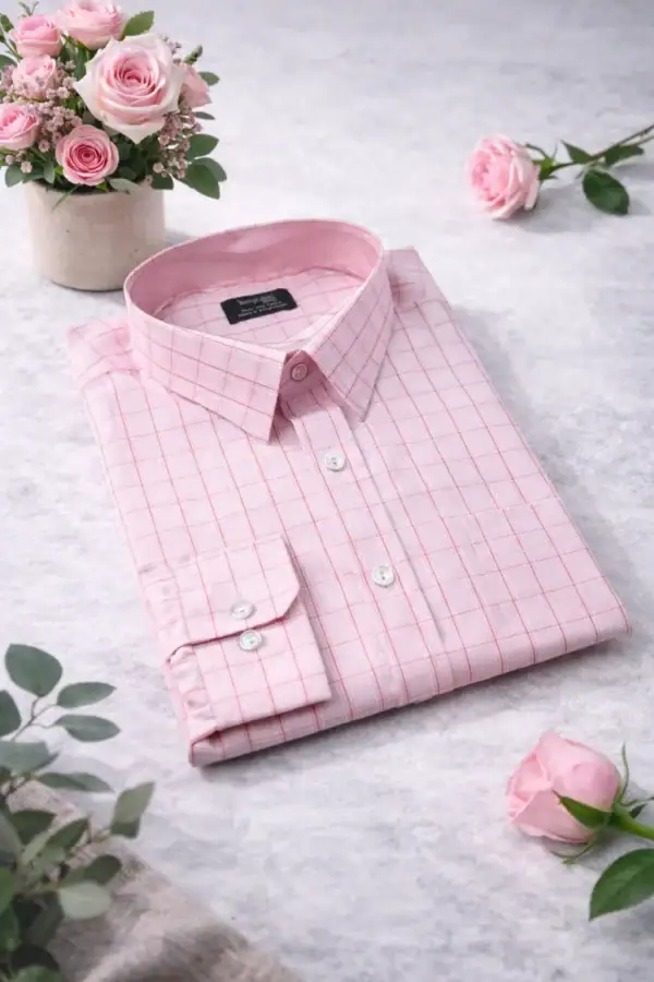 Pink grid long sleeve shirt for men, perfect for stylish casual or formal wear. Soft fabric with a m.