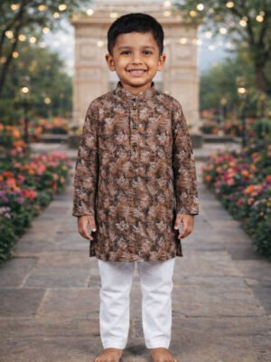 Break Or Die | Hand & Heart™ Kids Brown Floral Printed Kurta Set with White Pajama | 4T