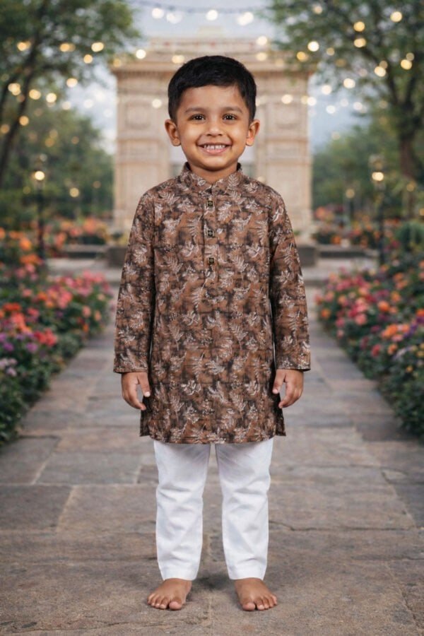 Child wearing brown floral printed kurta with white pajama, smiling outdoors.