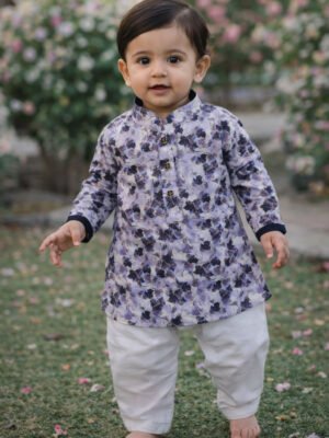 Break or Die | Hand & Heart™ Kids Grey Blue Abstract Print Kurta Pajama Set | 18 M