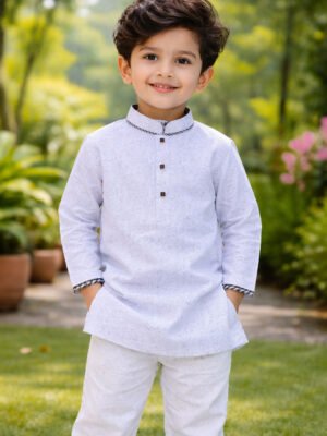 Break or Die | Hand & Heart™ Kids Light Grey Textured Panjabi White Pajama Set | 5T