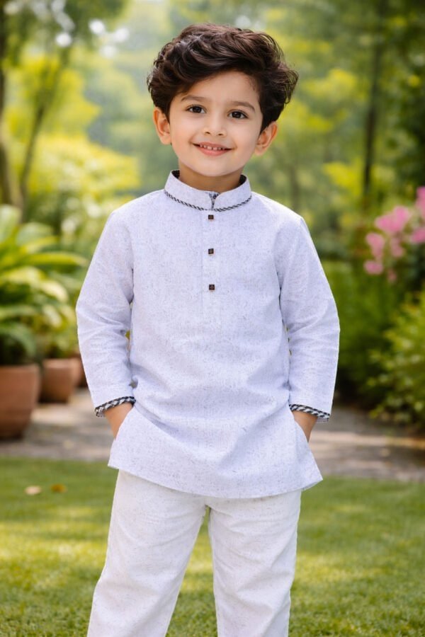Kids Light Grey Textured Panjabi and White Pajama Set for 5T.