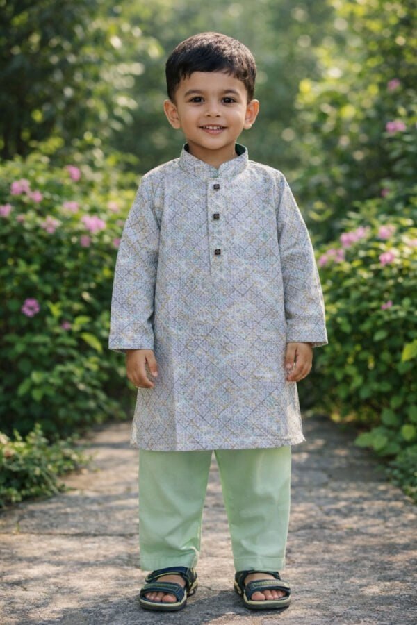 Cute boy wearing a traditional blue printed kurta and light green pajama outdoors.