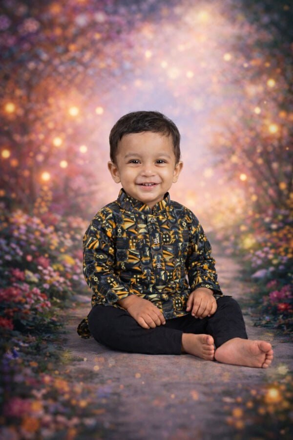Cute boy wearing black abstract kurta and pajama, sitting on a colorful floral background.