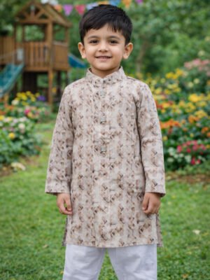 Break Or Die | Hand & Heart™ Kids Beige Abstract Printed Kurta Set with White Pajama | 4T