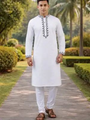 Elegant white men's Panjabi featuring intricate black heritage embroidery on collar and cuffs. Perfe.