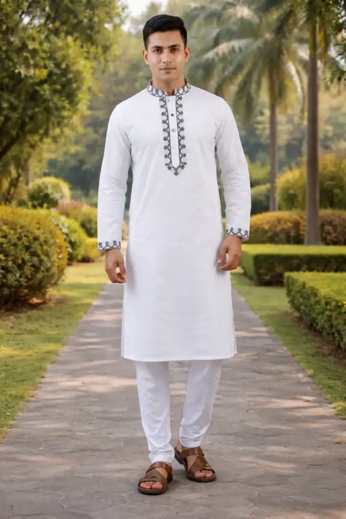 Elegant white men's Panjabi featuring intricate black heritage embroidery on collar and cuffs. Perfe.