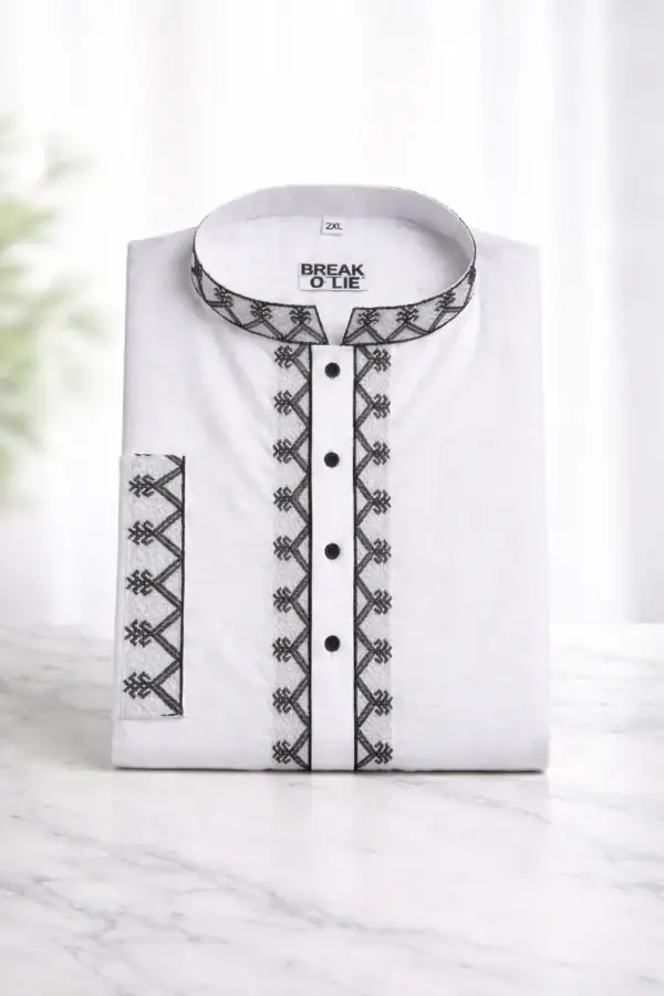 Elegant white Panjabi with black heritage embroidery design.