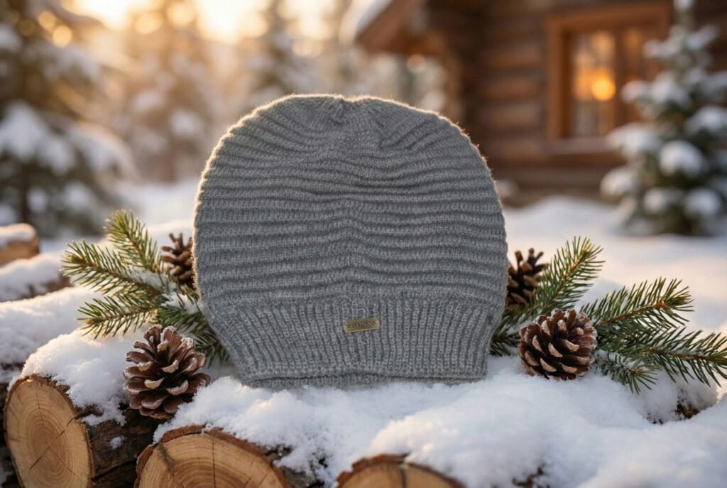 Unisex rib-knit winter hat in rust brown on snowy outdoor setting.