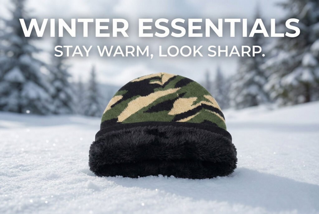 Unisex thermal beanie in army green camouflage for winter warmth and style.