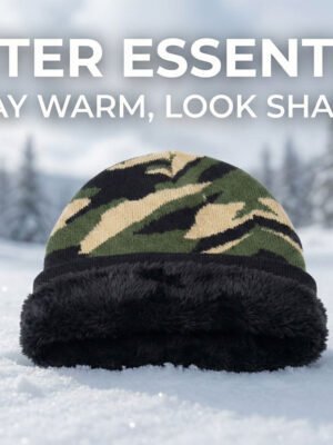 Unisex thermal beanie in army green camouflage for winter warmth and style.