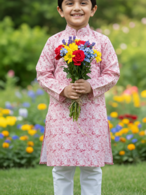 Break Or Die | Hand & Heart™ Kids Pink & White Printed Panjabi Pajama Set | 4T