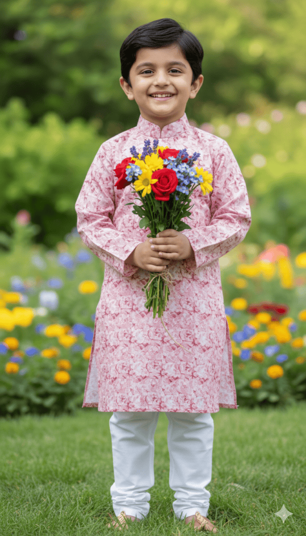 Child wearing pink and white printed Panjabi pajamas, smiling happily.