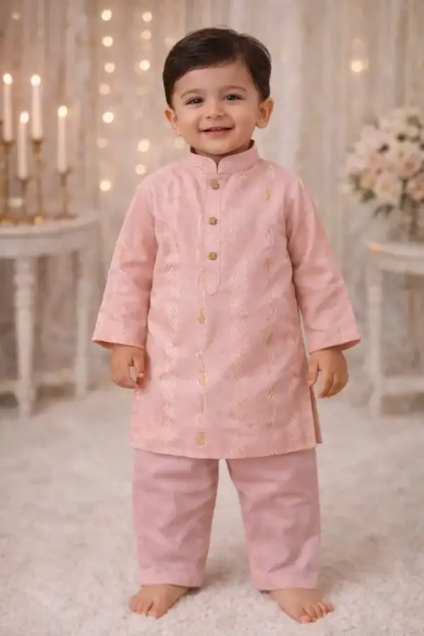 Child wearing blush pink Panjabi and pants, perfect for festive wear and celebrations.