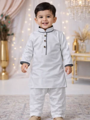 Break or Die | Hand & Heart™ Premium White Kids Kurta Set – Black Contrast Trim | 18 M