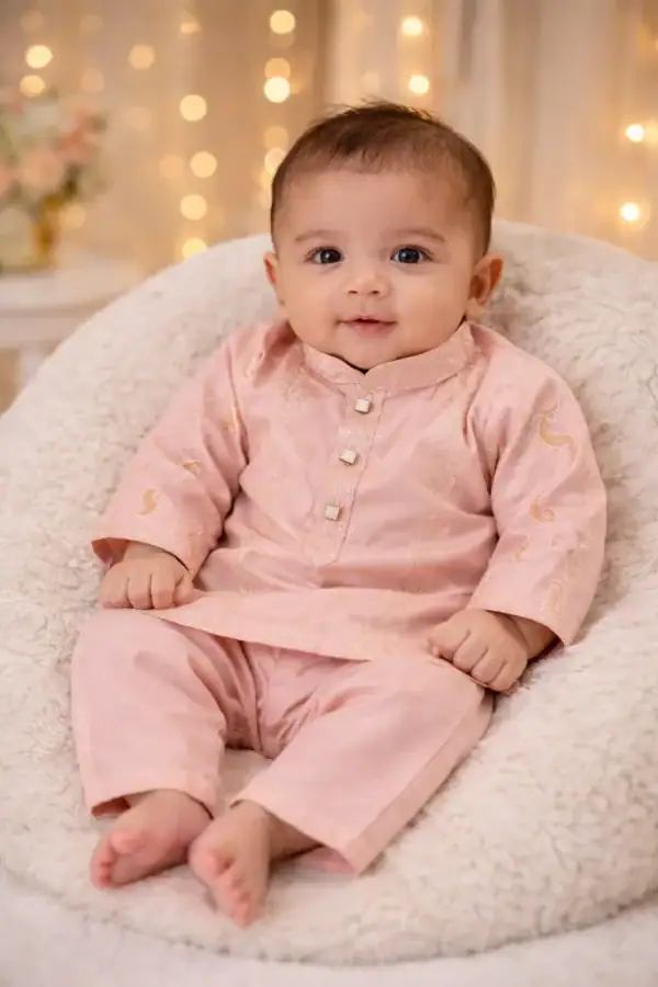 Adorable infant in soft pink Hand & Heart™ Kids Kurta Set with matching pajamas, perfect for special.