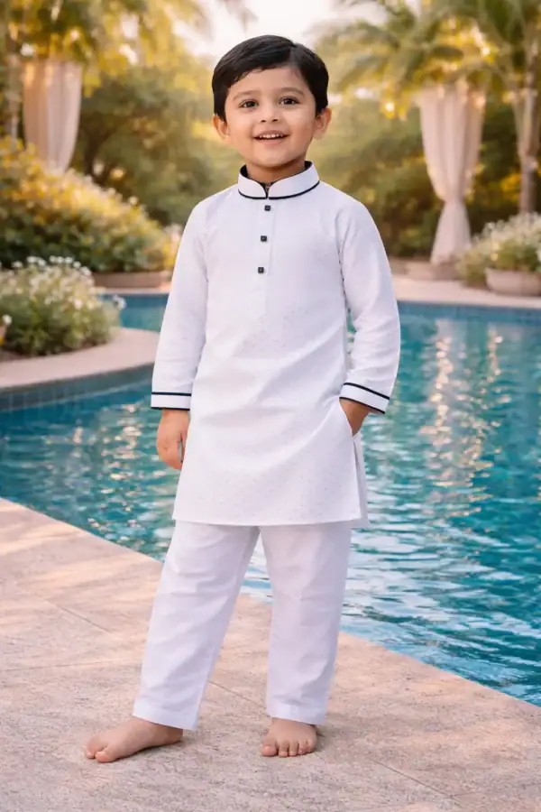 Child wearing grey dot pattern Panjabi and white pajama by the poolside. Perfect traditional outfit.