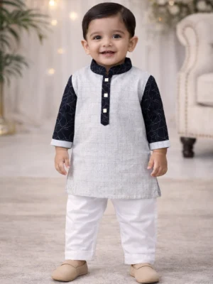 Break or Die | Hand & Heart™ Kids Light Grey & Black Panjabi White Pajama Set | 18M