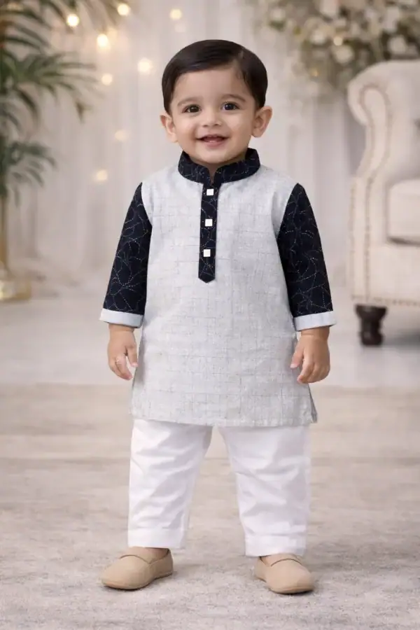 Adorable toddler wearing Break or Die Kids Light Grey & Black Panjabi Pajama Set.
