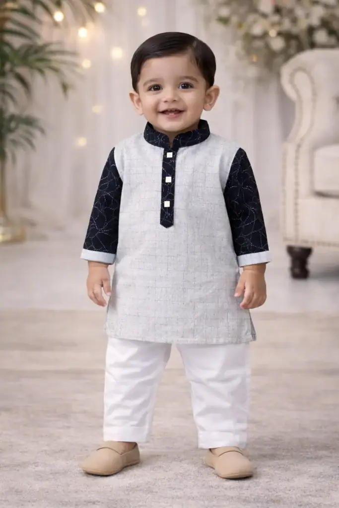 Adorable toddler wearing Break or Die Kids Light Grey & Black Panjabi Pajama Set.